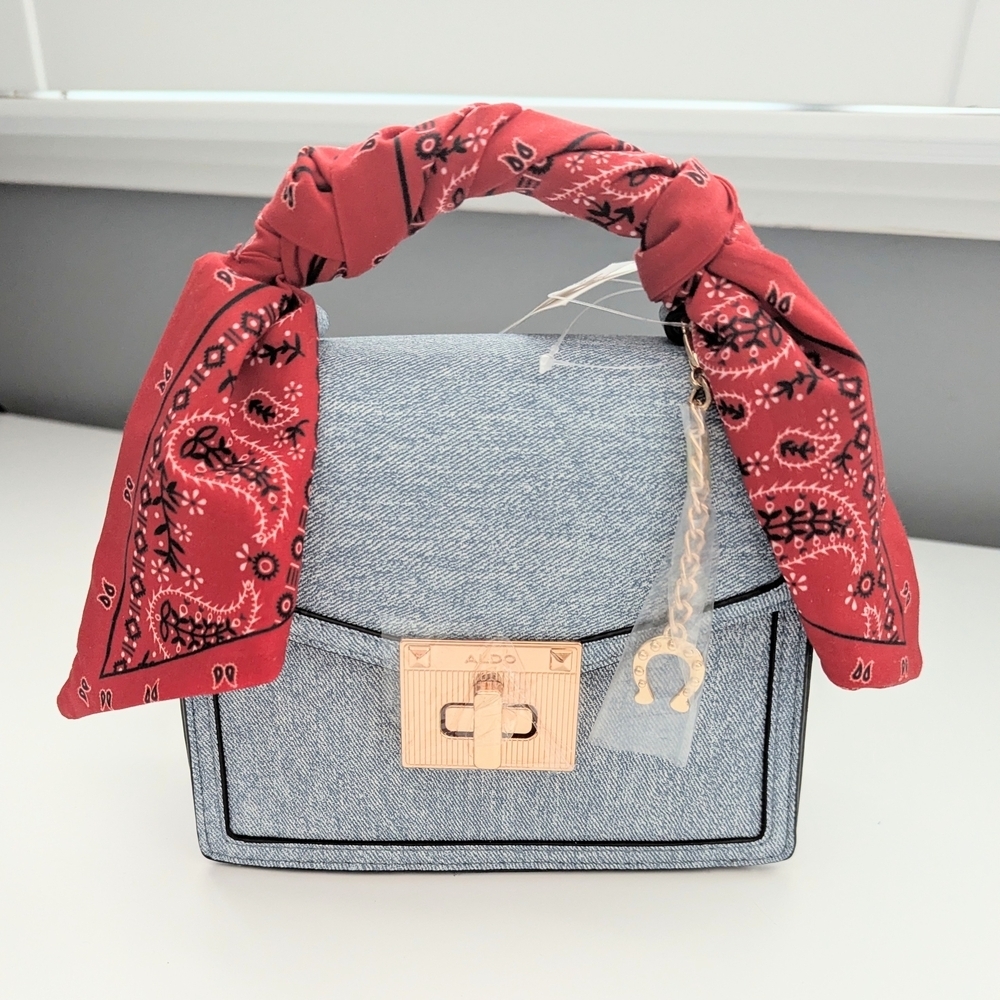 NWT Aldo Denim-Colored Hard-Shell Tote/Crossbody Bag/Purse w/Red Bandana Handle